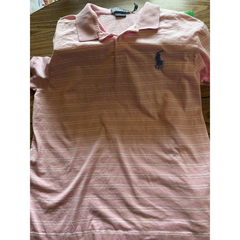 Polo Ralph Lauren Custom Fit Pink White Stripe Polo Blue Pony Mens XL (B)